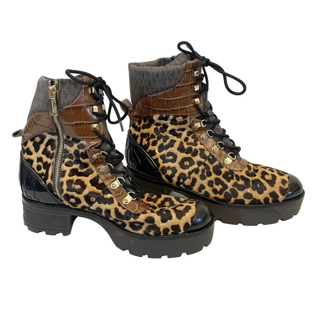 MICHAEL KORS Khloe Size 11  Logo Combat Calf Hair Animal Print Boots Black Beige